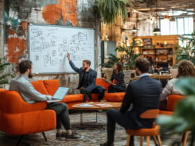 Team brainstorming session in a bright, industrial-style coworking space with an orange sofa and a presenter at a whiteboard filled with sketches and diagrams.