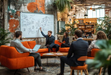 Team brainstorming session in a bright, industrial-style coworking space with an orange sofa and a presenter at a whiteboard filled with sketches and diagrams.