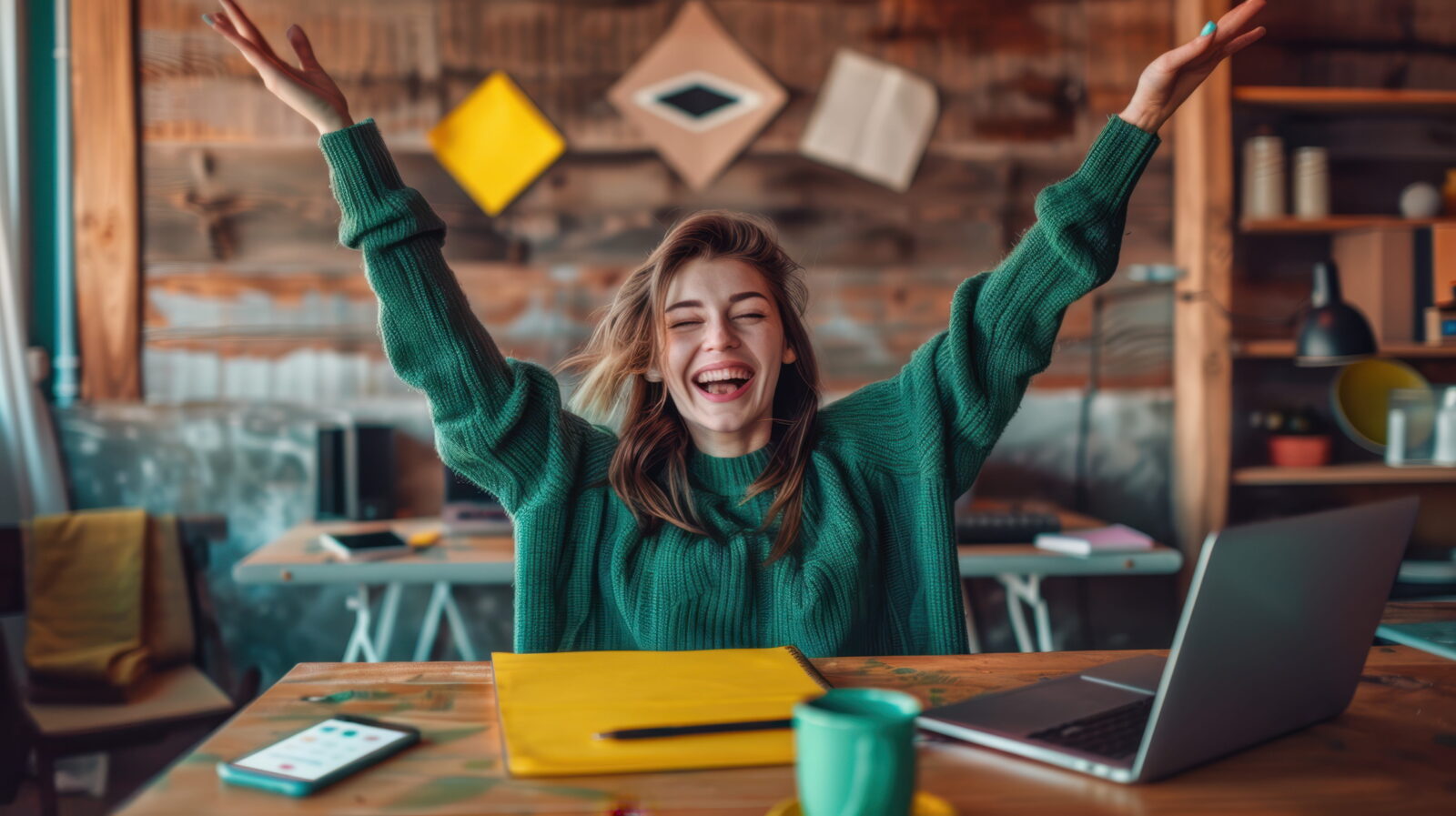Woman in a green sweater raises arms in celebration at a cluttered wooden desk with a laptop nearby in an office setting.