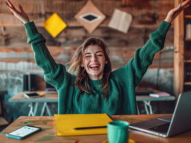Woman in a green sweater raises arms in celebration at a cluttered wooden desk with a laptop nearby in an office setting.