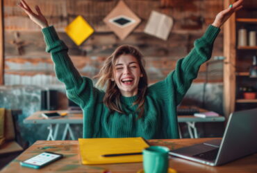 Woman in a green sweater raises arms in celebration at a cluttered wooden desk with a laptop nearby in an office setting.
