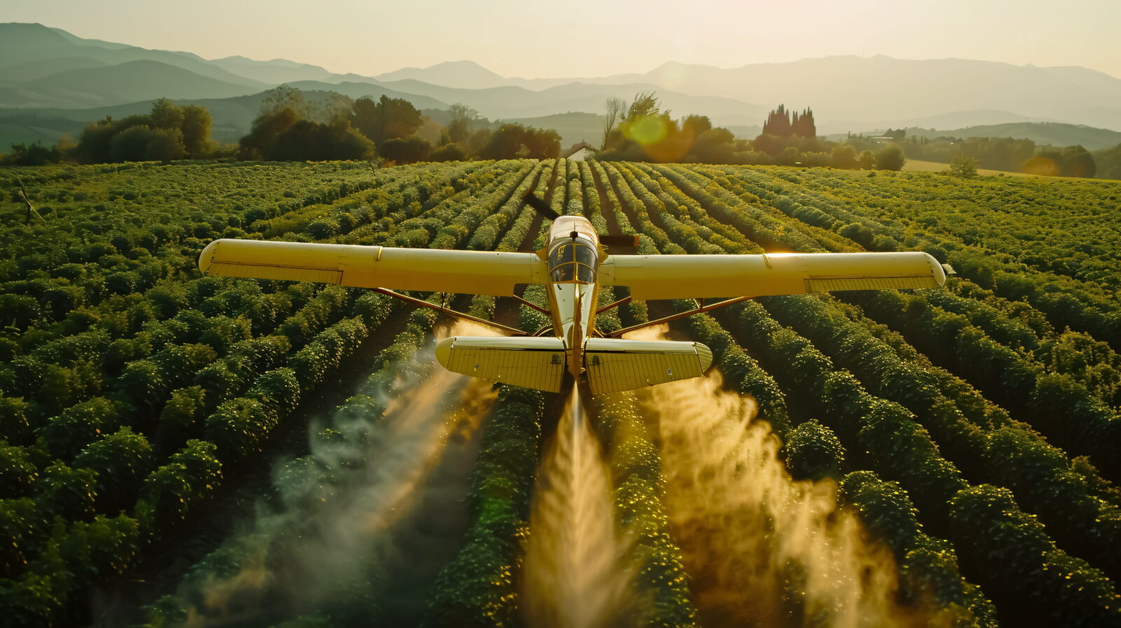 Yellow crop-duster aircraft flies low over neatly planted crop rows at golden hour, mountains in the distance.
