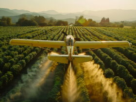Yellow crop-duster aircraft flies low over neatly planted crop rows at golden hour, mountains in the distance.