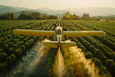 Yellow crop-duster aircraft flies low over neatly planted crop rows at golden hour, mountains in the distance.