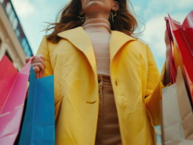 Person in a bright yellow coat holding several colorful shopping bags outdoors, seen from a low angle.