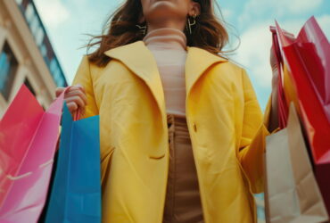 Person in a bright yellow coat holding several colorful shopping bags outdoors, seen from a low angle.