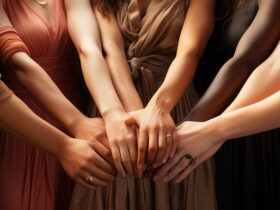 Group of people in colorful dresses placing hands together in a circle, showing unity and teamwork as a shared gesture.