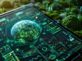 Futuristic holographic globe atop a digital dashboard showing green data visuals, with a garden-like background.