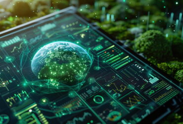 Futuristic holographic globe atop a digital dashboard showing green data visuals, with a garden-like background.
