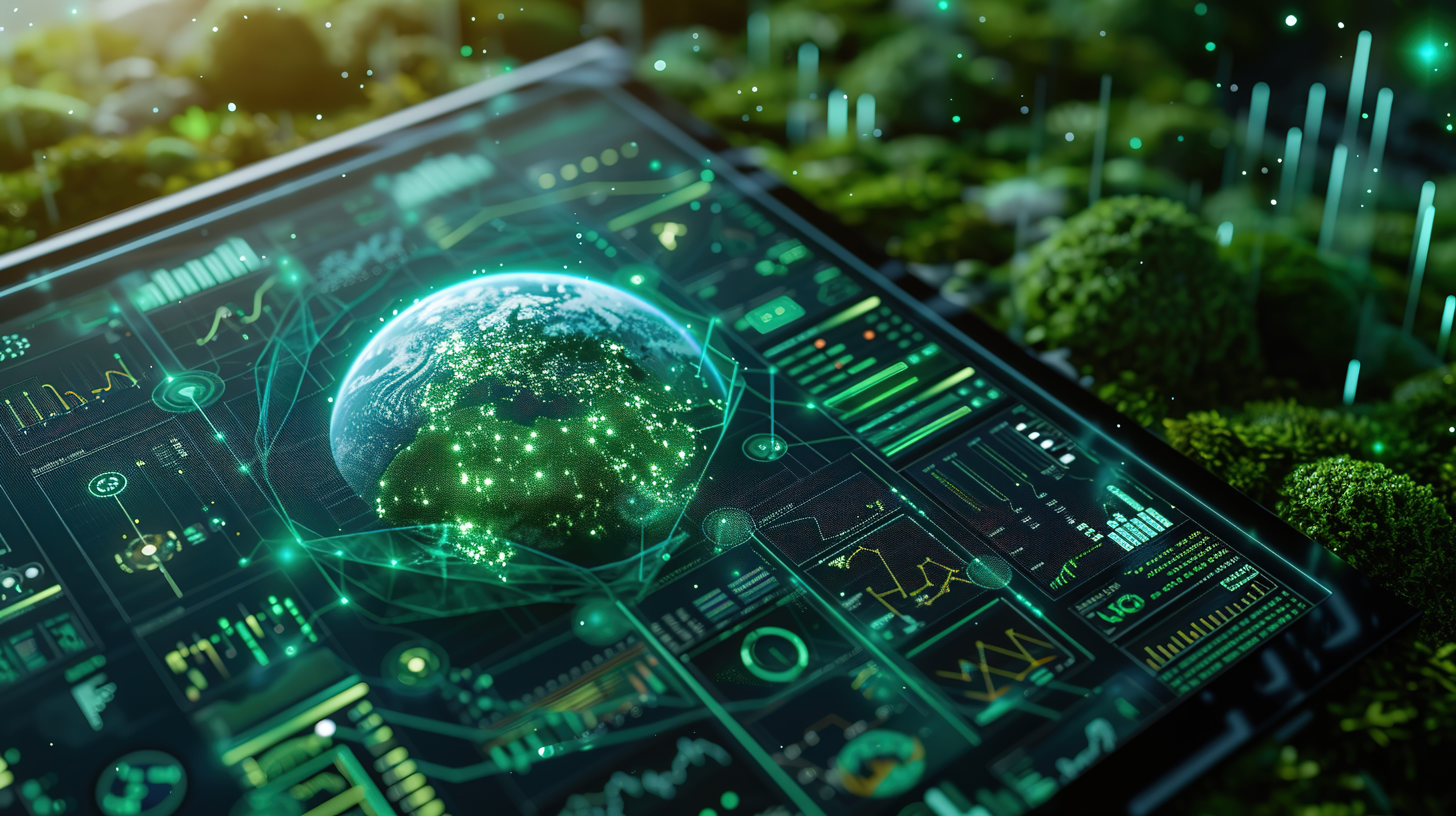 Futuristic holographic globe atop a digital dashboard showing green data visuals, with a garden-like background.