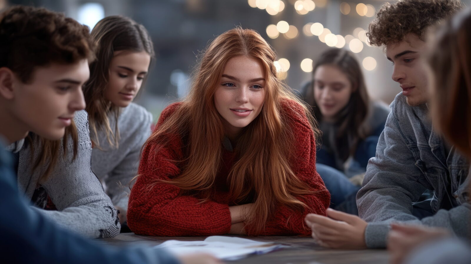 Red-haired girl in a red sweater leaning over a table with papers, surrounded by friends as they study together indoors at night.