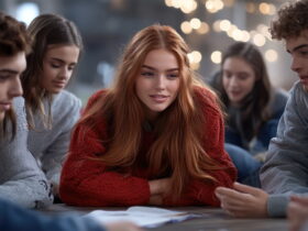 Red-haired girl in a red sweater leaning over a table with papers, surrounded by friends as they study together indoors at night.