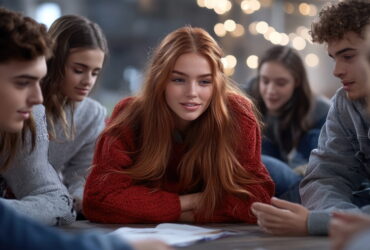Red-haired girl in a red sweater leaning over a table with papers, surrounded by friends as they study together indoors at night.