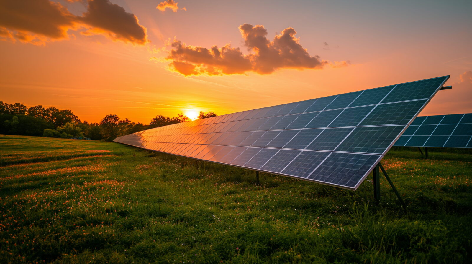 Solar panels angled across a sunlit field at sunset, reflecting orange light across their surfaces for clean energy generation.
