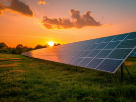 Solar panels angled across a sunlit field at sunset, reflecting orange light across their surfaces for clean energy generation.
