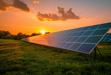 Solar panels angled across a sunlit field at sunset, reflecting orange light across their surfaces for clean energy generation.