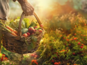 Person holding a wicker basket filled with fresh vegetables in a sunlit garden.