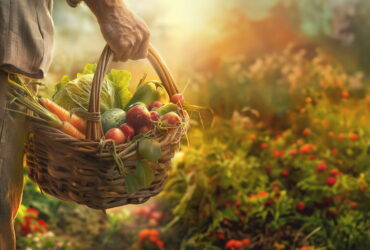 Person holding a wicker basket filled with fresh vegetables in a sunlit garden.