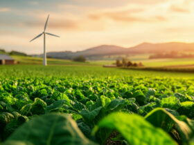 Sunlit rural landscape with a green crop field, a wind turbine, a barn, and distant hills at sunset.