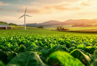Sunlit rural landscape with a green crop field, a wind turbine, a barn, and distant hills at sunset.