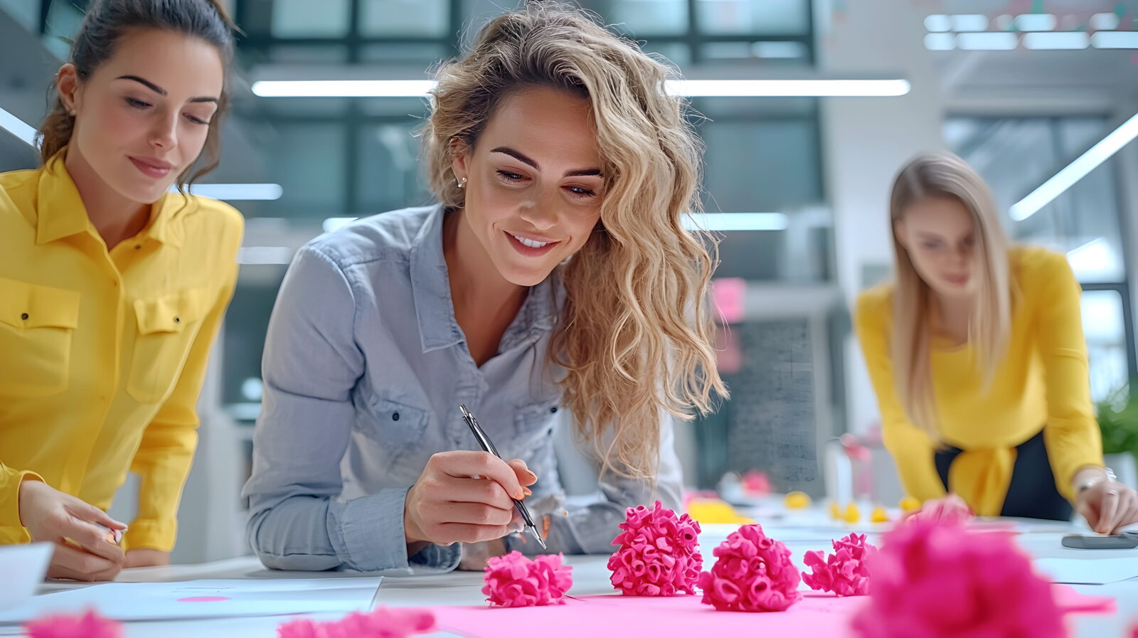 Three women craft pink paper flowers at a bright table, smiling and focused on their projects in a modern workspace (yellow and blue shirts).