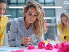 Three women craft pink paper flowers at a bright table, smiling and focused on their projects in a modern workspace (yellow and blue shirts).