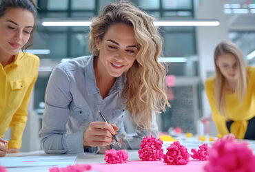 Three women craft pink paper flowers at a bright table, smiling and focused on their projects in a modern workspace (yellow and blue shirts).