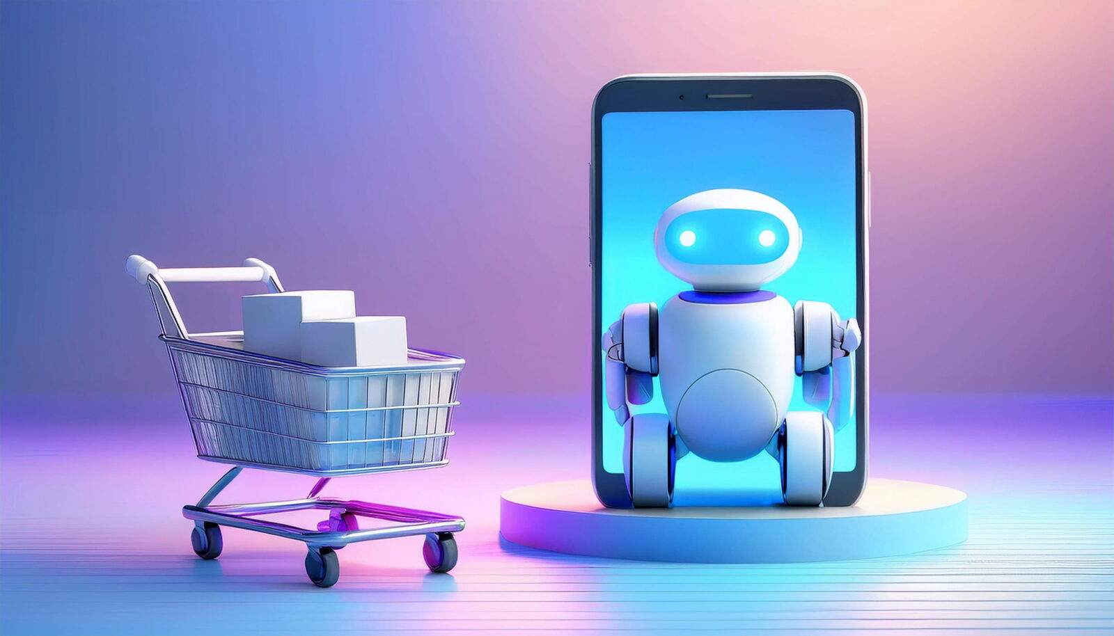 Robot peeking out from a smartphone screen beside a shopping cart with boxes on a gradient background, conveying tech-enabled shopping.