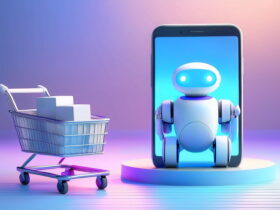 Robot peeking out from a smartphone screen beside a shopping cart with boxes on a gradient background, conveying tech-enabled shopping.