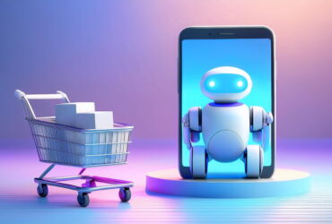 Robot peeking out from a smartphone screen beside a shopping cart with boxes on a gradient background, conveying tech-enabled shopping.