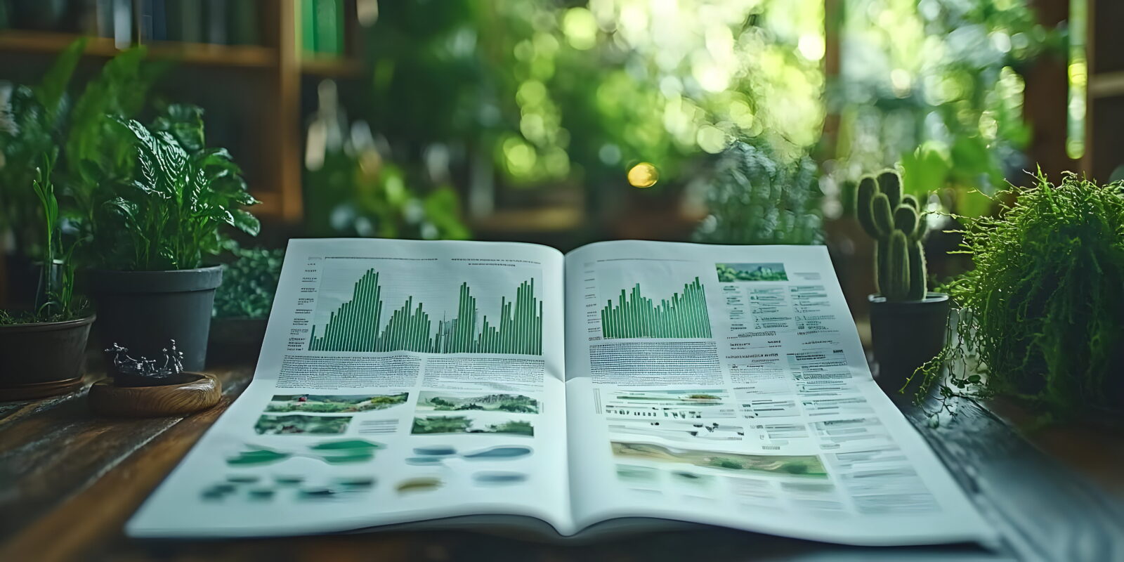 Open magazine on a wooden table showing green bar graphs, with potted plants and blurred greenery in the background.