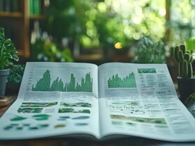 Open magazine on a wooden table showing green bar graphs, with potted plants and blurred greenery in the background.