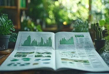 Open magazine on a wooden table showing green bar graphs, with potted plants and blurred greenery in the background.