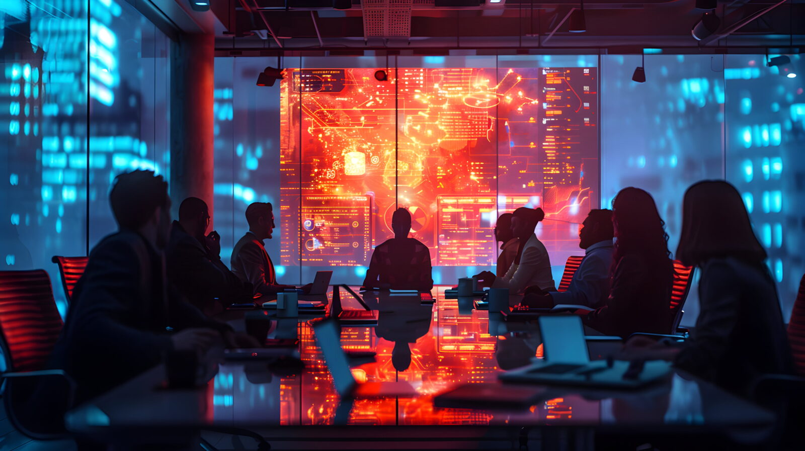 Group of people in a glass-walled conference room watching a vivid red holographic data display projected on the wall, with blue ambient lighting and laptops on the table.