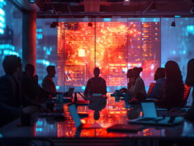 Group of people in a glass-walled conference room watching a vivid red holographic data display projected on the wall, with blue ambient lighting and laptops on the table.