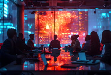 Group of people in a glass-walled conference room watching a vivid red holographic data display projected on the wall, with blue ambient lighting and laptops on the table.