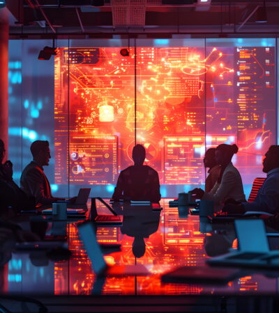 Group of people in a glass-walled conference room watching a vivid red holographic data display projected on the wall, with blue ambient lighting and laptops on the table.