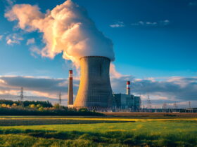 Industrial power plant with a large cooling tower releasing steam against a blue sky, surrounded by fields and distant trees at sunset/sunrise.