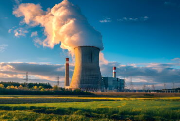 Industrial power plant with a large cooling tower releasing steam against a blue sky, surrounded by fields and distant trees at sunset/sunrise.