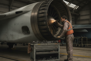 Maintenance worker in an orange safety vest inspecting a large aircraft engine inside a hangar, using a tool from a mobile cart at his side.