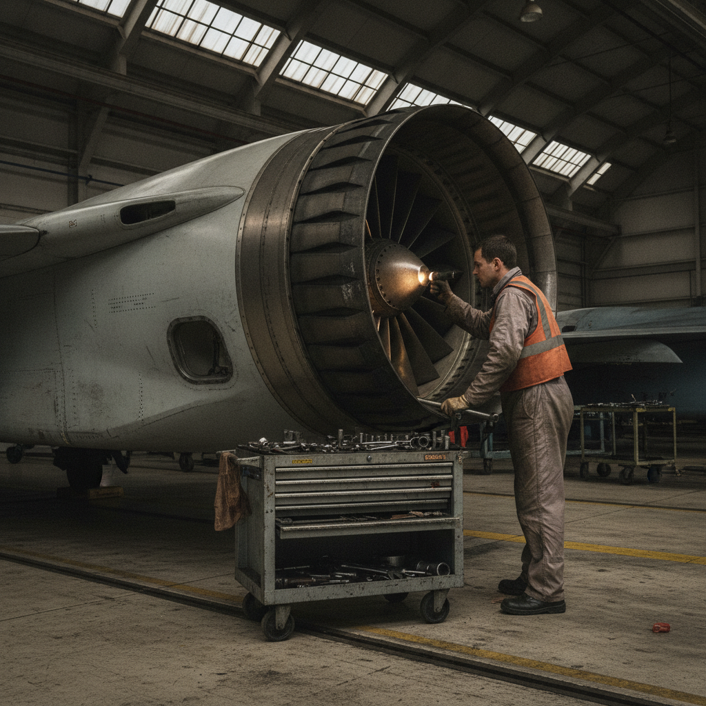 Maintenance worker in an orange safety vest inspecting a large aircraft engine inside a hangar, using a tool from a mobile cart at his side.
