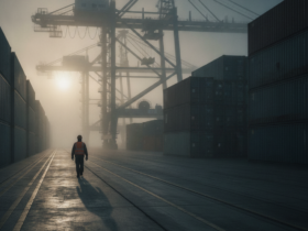 Worker in a reflective vest walks along train tracks in a foggy container terminal with large cranes overhead at dawn.