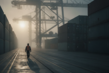 Worker in a reflective vest walks along train tracks in a foggy container terminal with large cranes overhead at dawn.