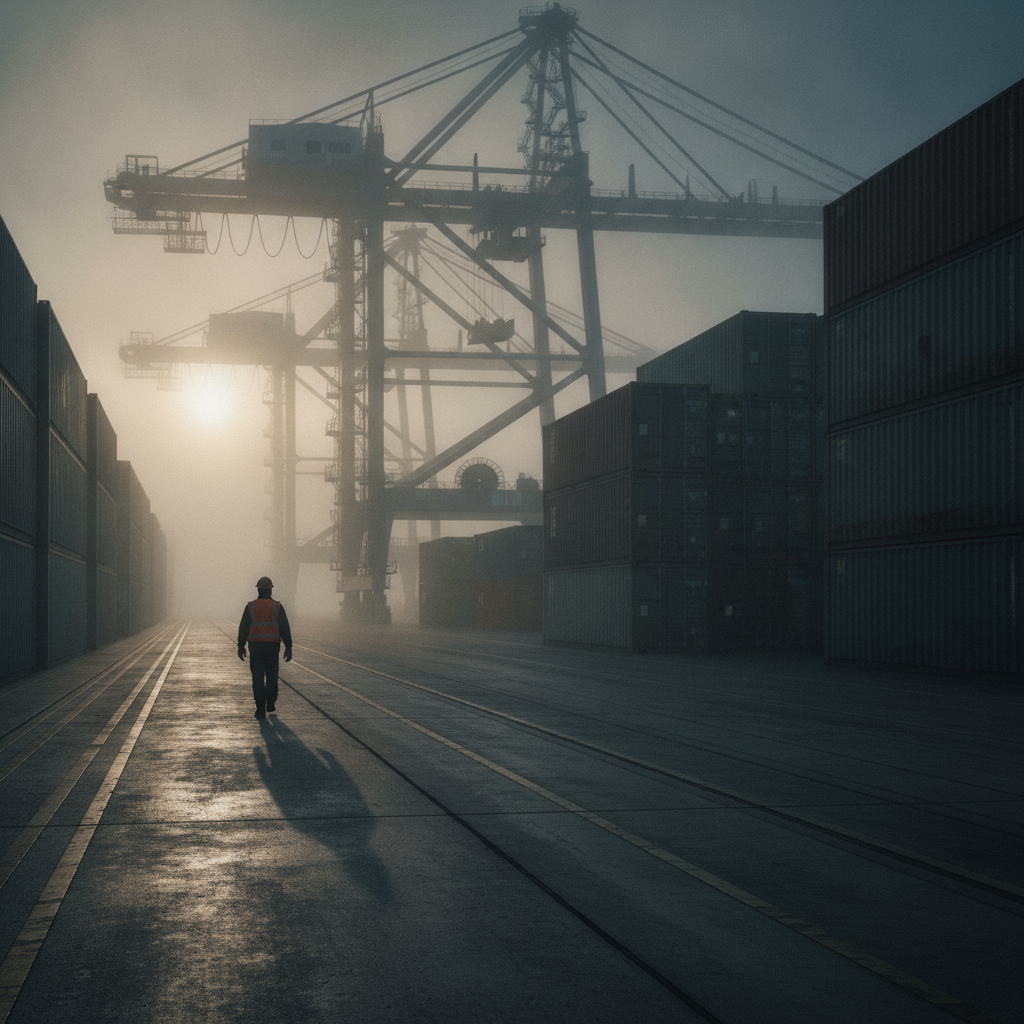 Worker in a reflective vest walks along train tracks in a foggy container terminal with large cranes overhead at dawn.