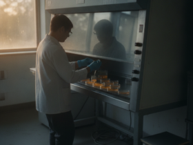 Lab technician in a white coat and blue gloves placing or removing petri dishes inside a biosafety cabinet, with warm light from a window nearby.