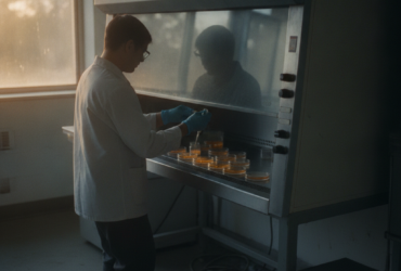 Lab technician in a white coat and blue gloves placing or removing petri dishes inside a biosafety cabinet, with warm light from a window nearby.