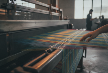 A person guides a hand across a colorful woven textile on a loom in a workshop.
