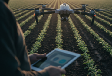 Farmer using a tablet to monitor a drone hovering over young crop rows at dawn on a farm field.