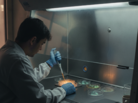 Scientist in a white coat and blue gloves pipetting liquid into a Petri dish inside a sterile biosafety cabinet.