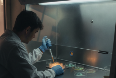 Scientist in a white coat and blue gloves pipetting liquid into a Petri dish inside a sterile biosafety cabinet.